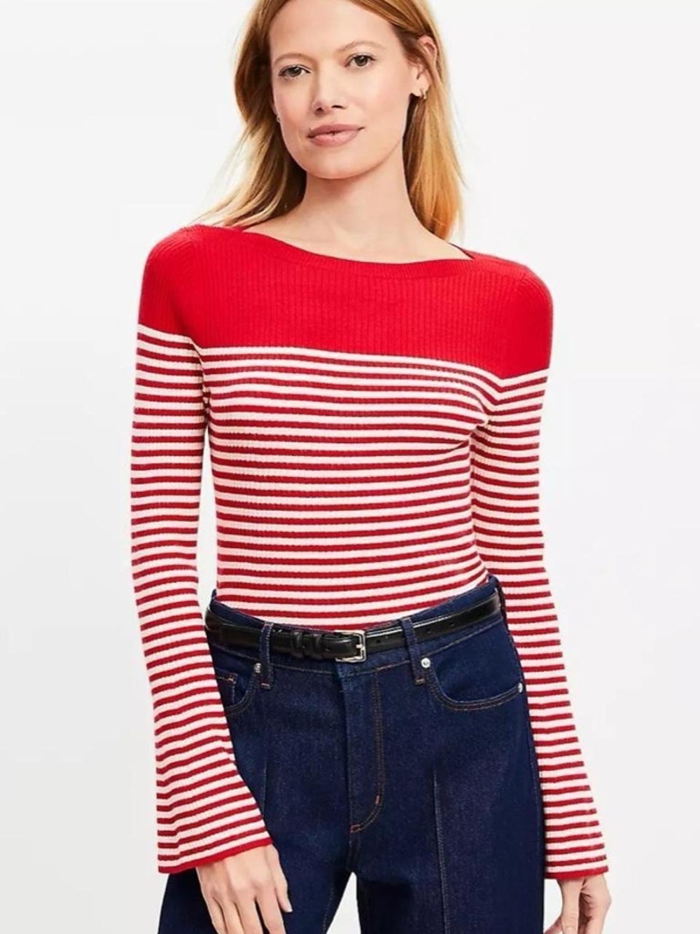 LOFT New Tango Red White Striped Boatneck Flare Sleeve Sweater